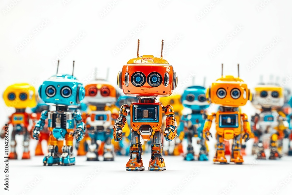 Fototapeta premium Orange robot leads colorful robot group.