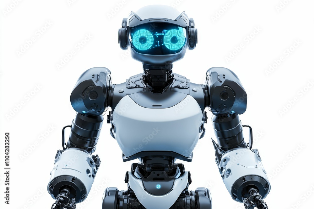 Futuristic robot, white and black, glowing eyes. Futuristic robot, white and black, glowing eyes.