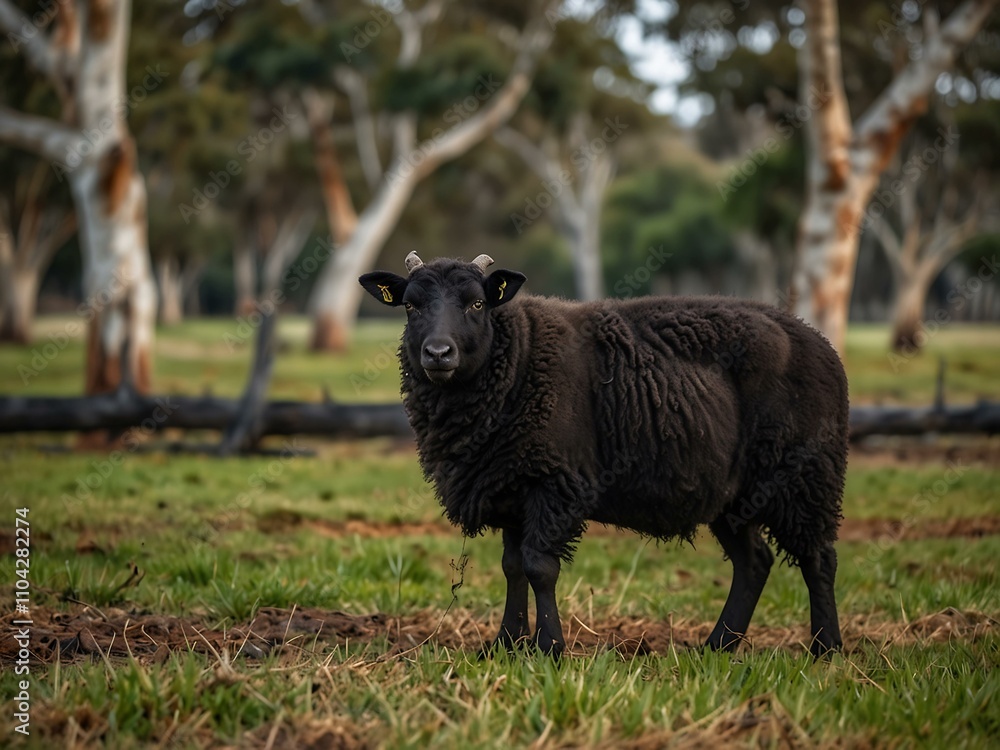Fototapeta premium Black ewe in a paddock with gum trees.
