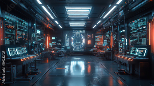 Futuristic control room interior with glowing screens and advanced technology. Generative AI