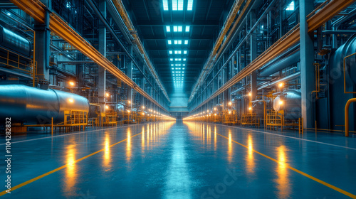 Industrial warehouse interior with symmetrical lighting in blue and orange tone