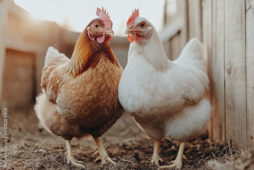 Fototapeta premium Two chickens in a coop during golden hour enjoying a peaceful moment together