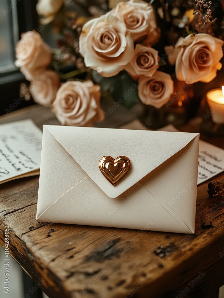 Elegant envelope with heart seal on rustic table with roses and candlelight Elegant envelope with heart seal on rustic table with roses and candlelight
