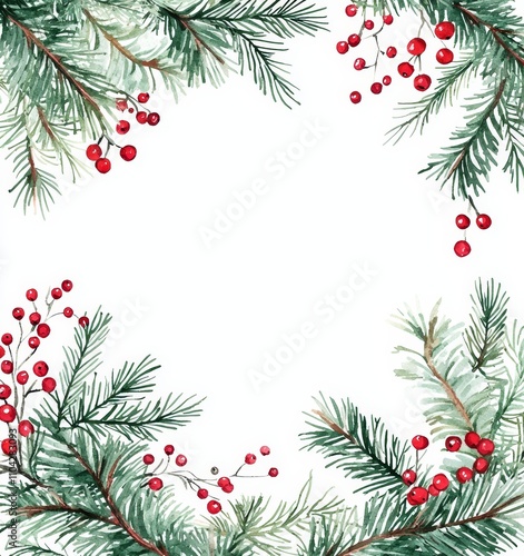 Christmas floral border. Winter foliage frame PNG. Festive greeting card design. Hand-painted watercolor artwork.