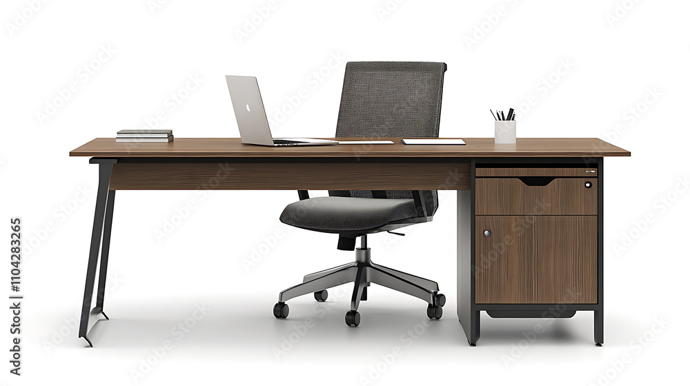 A desk with a laptop, a chair, and a few books A desk with a laptop, a chair, and a few books