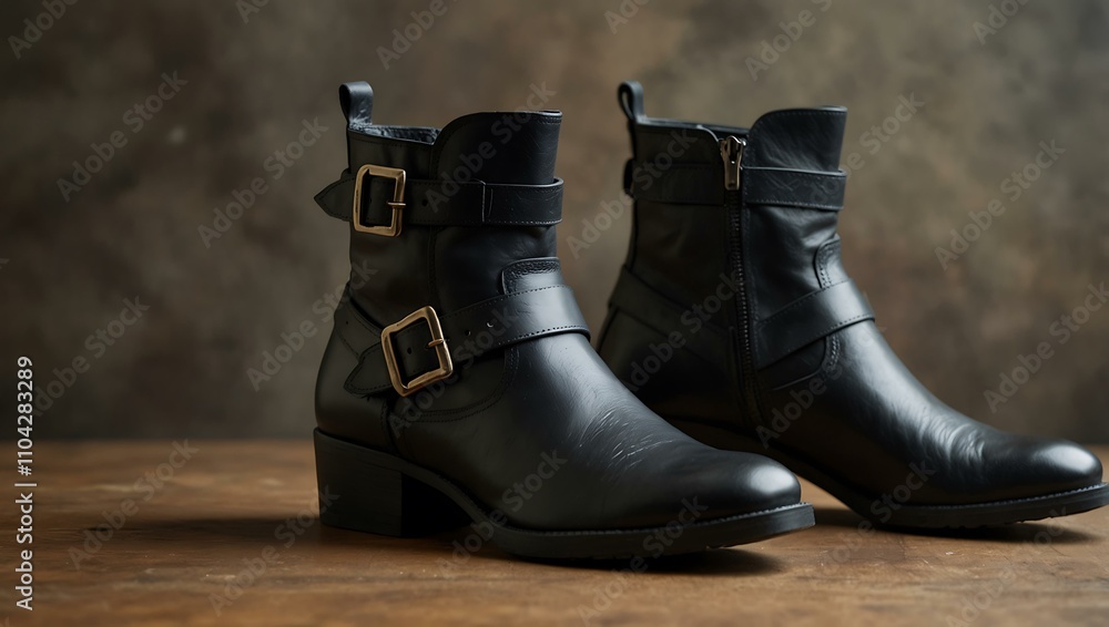 Black leather ankle boots with buckles displayed. Black leather ankle boots with buckles displayed.