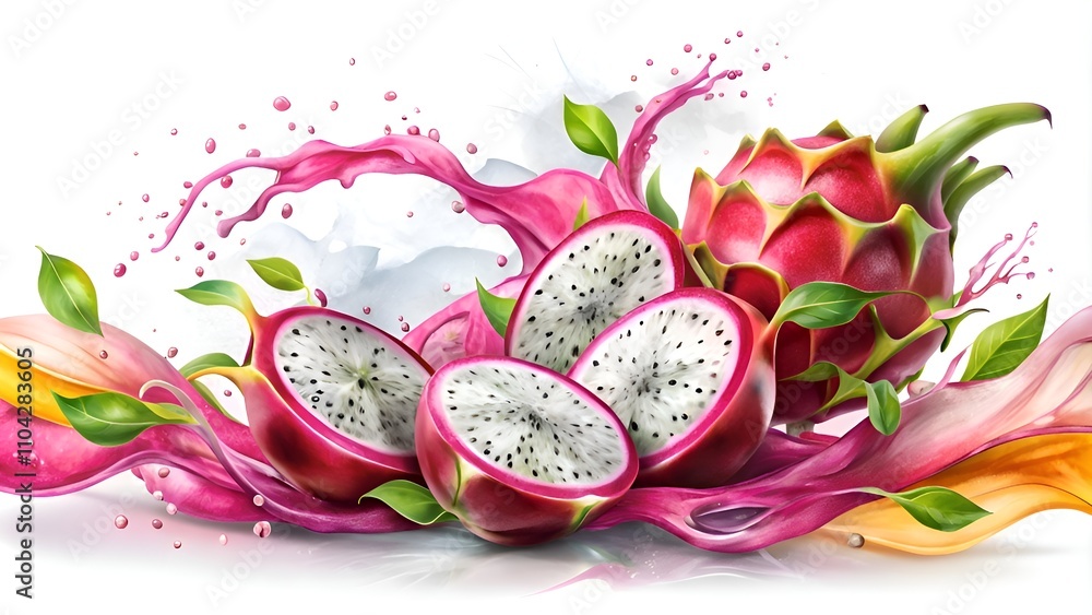 Vibrant dragon fruit slices splashing in colorful waves and water on white background Vibrant dragon fruit slices splashing in colorful waves and water on white background