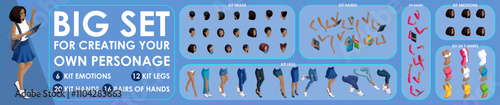 Isometric Woman Black characters constructor for designed N2. Presentation in various action. Set of Students personages flat style illustration