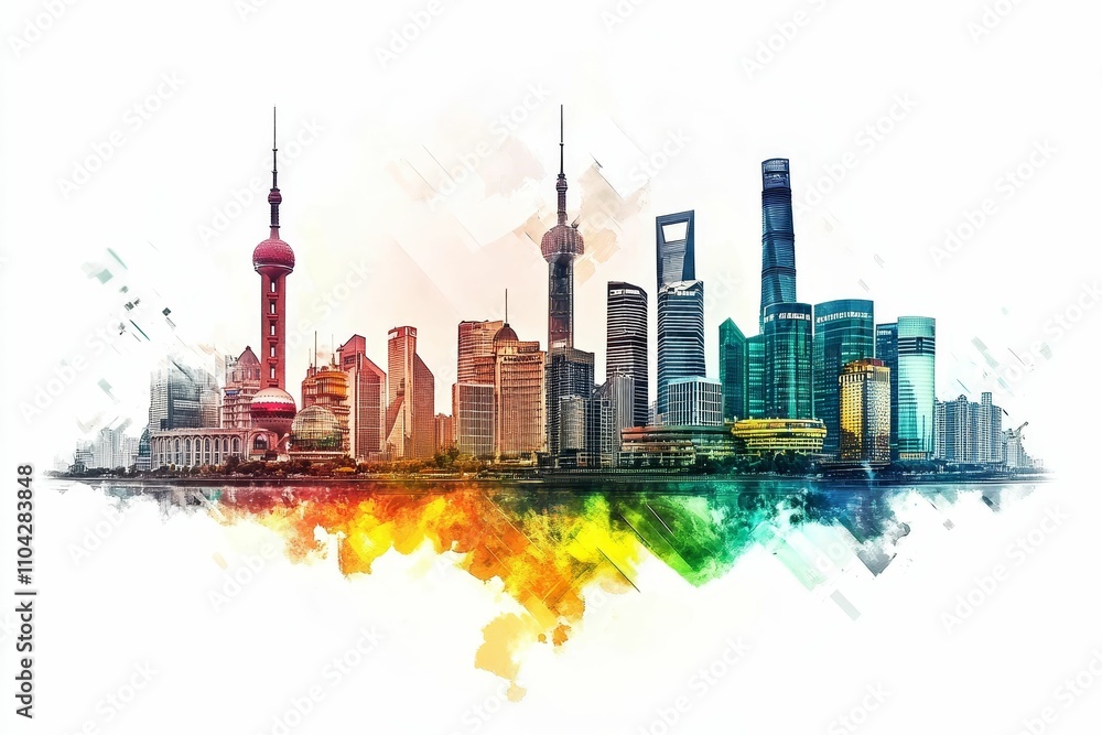 Obraz premium Shanghai skyline, watercolor style, vibrant colors.