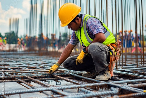 Construction worker meticulously inspecting rebar in a busy site during daylight. Generative AI photo