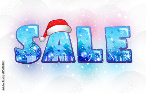 Winter SALE cute banner with x mas decorative items and 3D style inscription S A L E. Snowy background. Colourful design. Advertising banner. Isolated elements. Merry Christmas, New Year shopping.