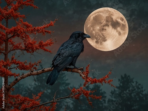 Black raven on red tree with full moon.