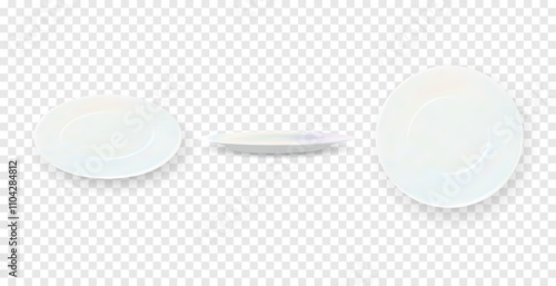 Plate. Set isolated white porcelain plates vector mockup in a realistic style on transparent background dining set of round dishes in different angles. Vector