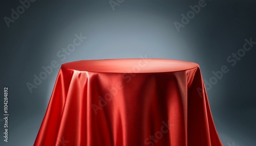 empty screen covered with red cloth presentation pedestal with a red silk cloth 3d