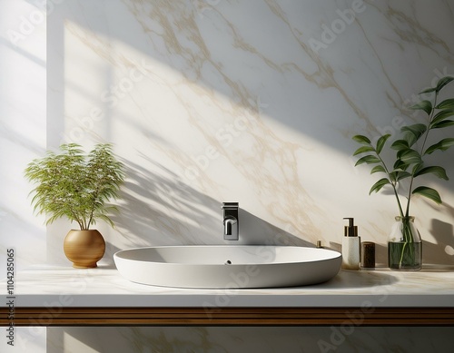 white marble vanity counter top and wall tiles with ceramic wash basin modern minimal style faucet in bathroom in morning sunlight with house plant shadow 3d render for product display background