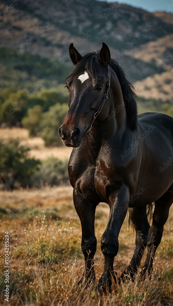 Black Spanish stallion in a scenic landscape. Black Spanish stallion in a scenic landscape.