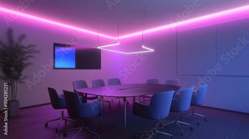 Modern Conference Room with Neon Lighting and Stylish Furniture