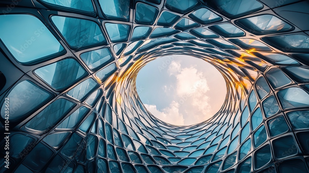 Fototapeta premium Unique architectural design showcasing a twisting glass structure against the sky