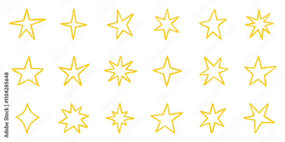 Chalk pencil stars and sparkles doodle set. Crayon Twinkle, blink, firework, glitter silhouette and glowing symbols in sketch style, Hand drawn vector illustration isolated on white background Chalk pencil stars and sparkles doodle set. Crayon Twinkle, blink, firework, glitter silhouette and glowing symbols in sketch style, Hand drawn vector illustration isolated on white background