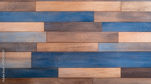 Horizontal wooden tiles in light and dark blue tones, smooth wood grain texture, bold decorative design for creative interiors and modern flooring

