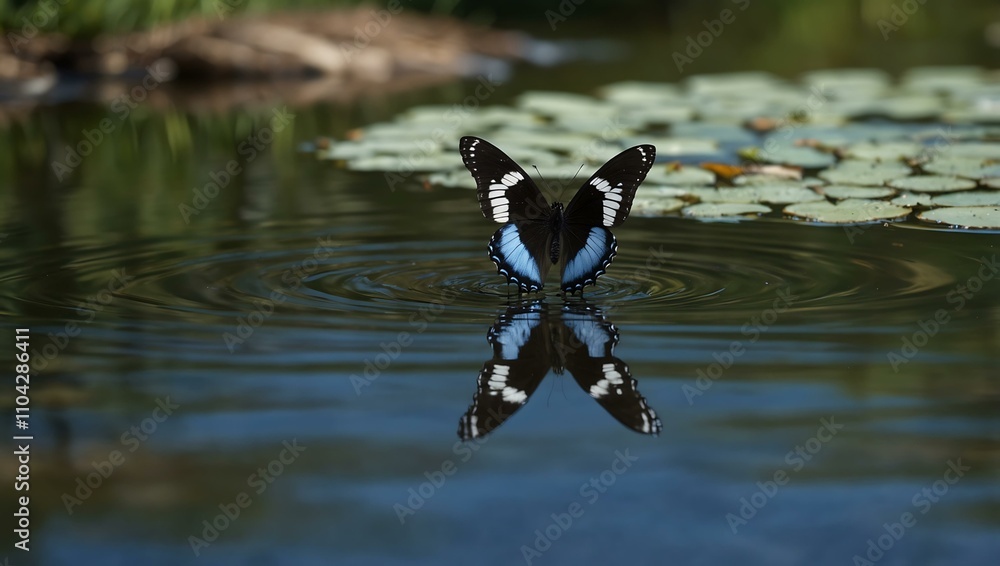 Black, white, and blue butterfly perched on a pond with ripples.