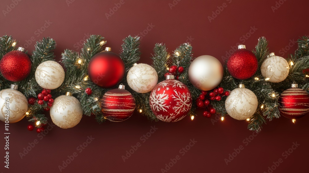 A festive garland adorned with vibrant red and white ornaments twinkling with lights, bringing holiday cheer and warmth to any Christmas celebration. A festive garland adorned with vibrant red and white ornaments twinkling with lights, bringing holiday cheer and warmth to any Christmas celebration.
