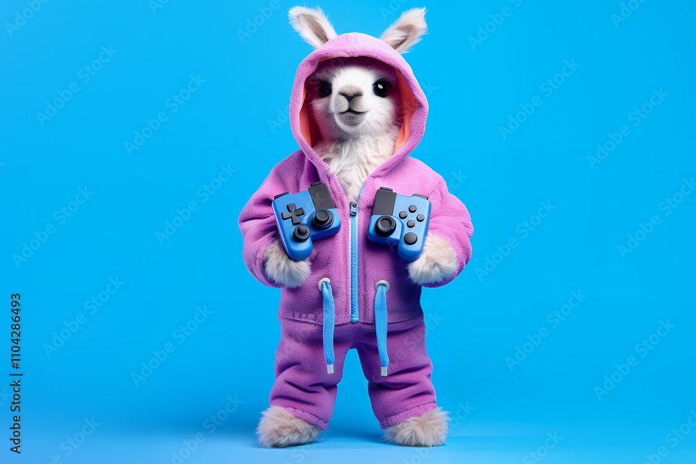 Fototapeta premium Gaming llama in a purple hoodie holding controllers with a vibrant blue background