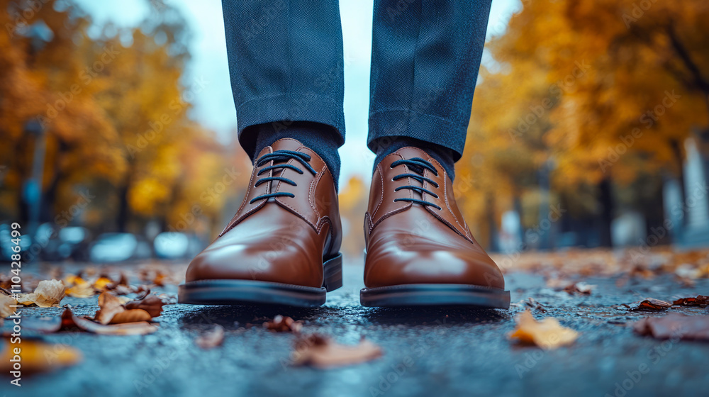 Close-up of brown leather shoes on a rainy autumn day with colorful leaves Close-up of brown leather shoes on a rainy autumn day with colorful leaves