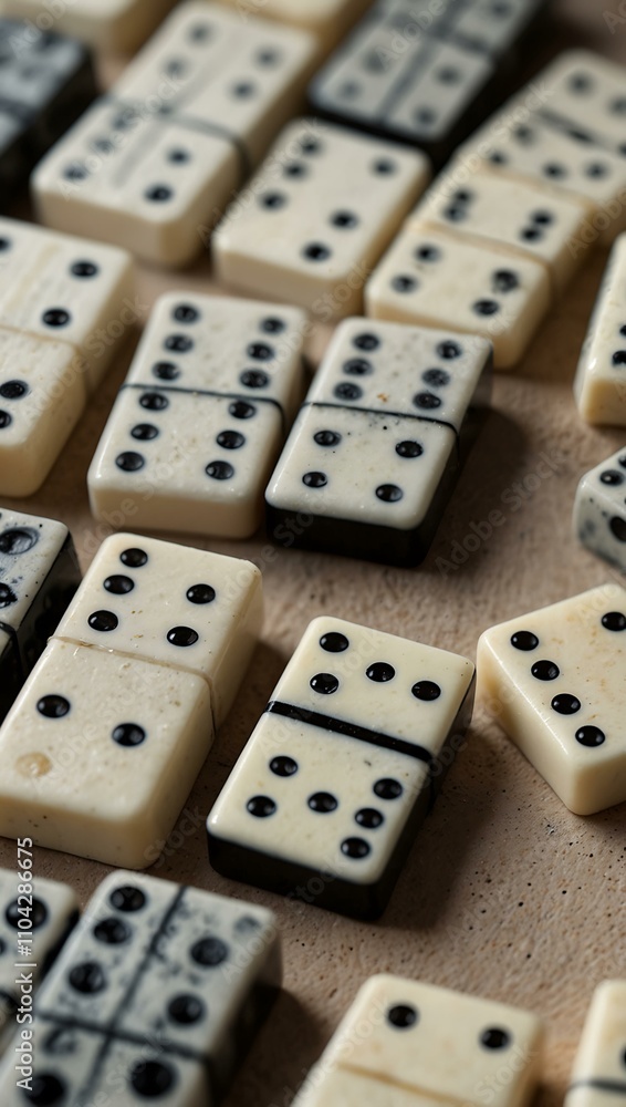 Black-and-white dominoes on a light background. Black-and-white dominoes on a light background.