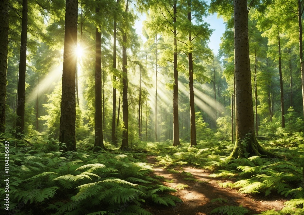 Serene forest landscape with sunlight streaming through trees and lush greenery Serene forest landscape with sunlight streaming through trees and lush greenery