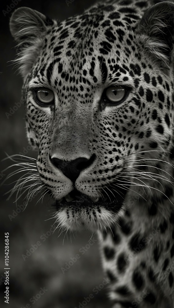 Fototapeta premium Black-and-white image of a leopard's intense gaze.