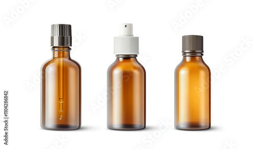 Set of medicine bottles and aerosol cans isolated on white background.