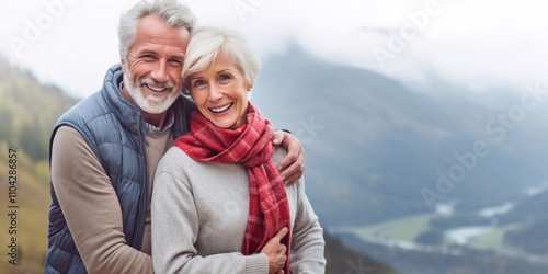 A joyful senior couple hiking in the mountains, smiling warmly at the camera. They radiate happiness and love, embracing adventure and their deep connection amidst stunning nature.