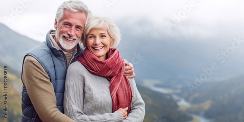 A joyful senior couple hiking in the mountains, smiling warmly at the camera. They radiate happiness and love, embracing adventure and their deep connection amidst stunning nature.