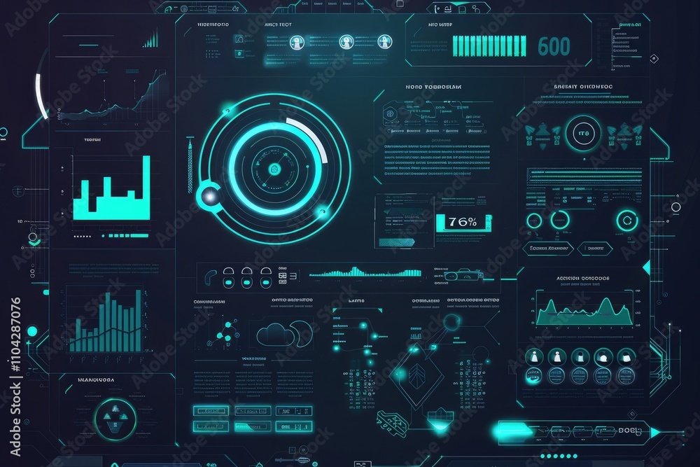 Futuristic dashboard displaying data analytics and metrics in a sleek, digital interface. Futuristic dashboard displaying data analytics and metrics in a sleek, digital interface.
