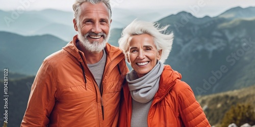 A joyful senior couple hiking in the mountains, smiling warmly at the camera. They radiate happiness and love, embracing adventure and their deep connection amidst stunning nature.