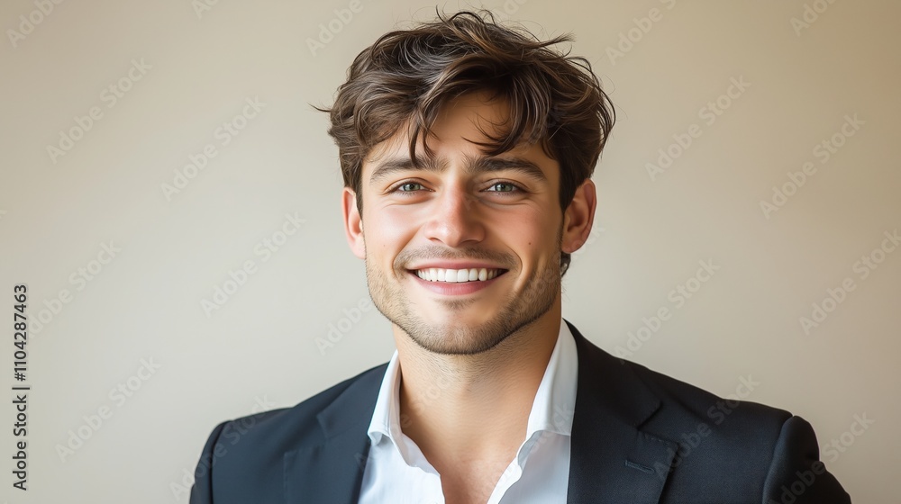 Young businessman with wavy hair smiling in a black suit against a beige background Young businessman with wavy hair smiling in a black suit against a beige background