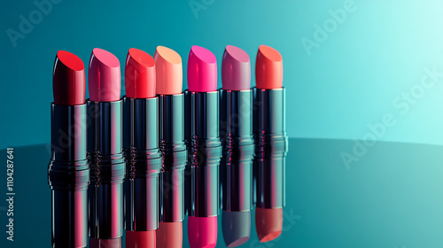 Vibrant lipstick collection on reflective surface with bold colors and metallic accents photo