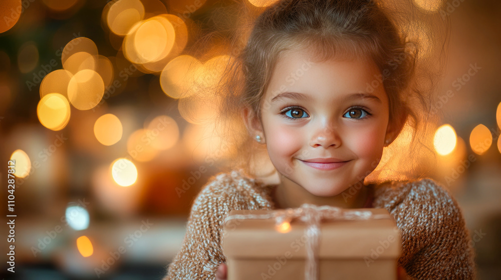 Young caucasian girl smiling holding gift with warm festive lights Young caucasian girl smiling holding gift with warm festive lights