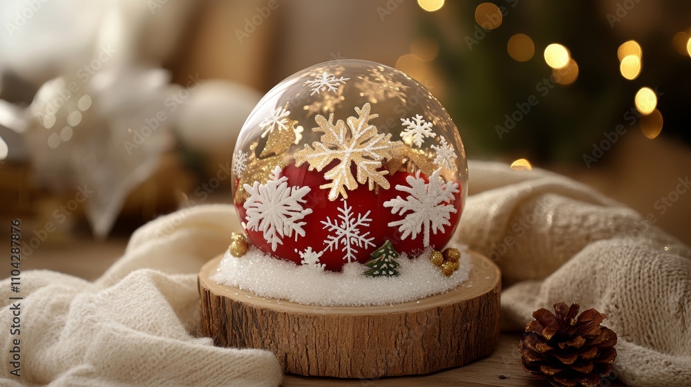 Fototapeta premium A charming snow globe sits on a table, capturing delicate snowflakes swirling inside, evoking the magic of Christmas in a cozy winter scene.