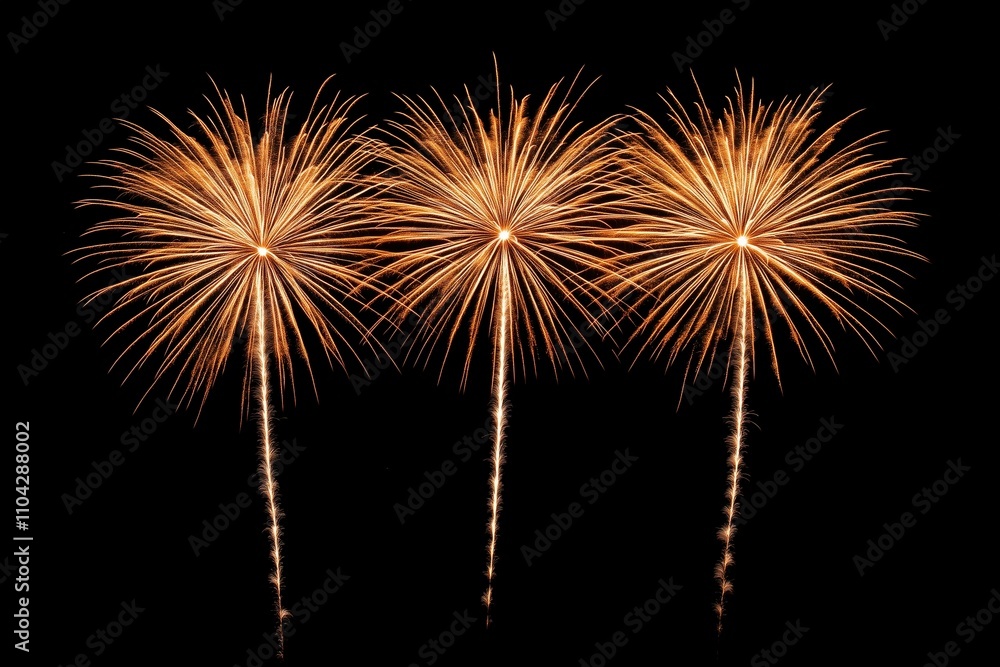 Three golden fireworks bursting against black background Three golden fireworks bursting against black background