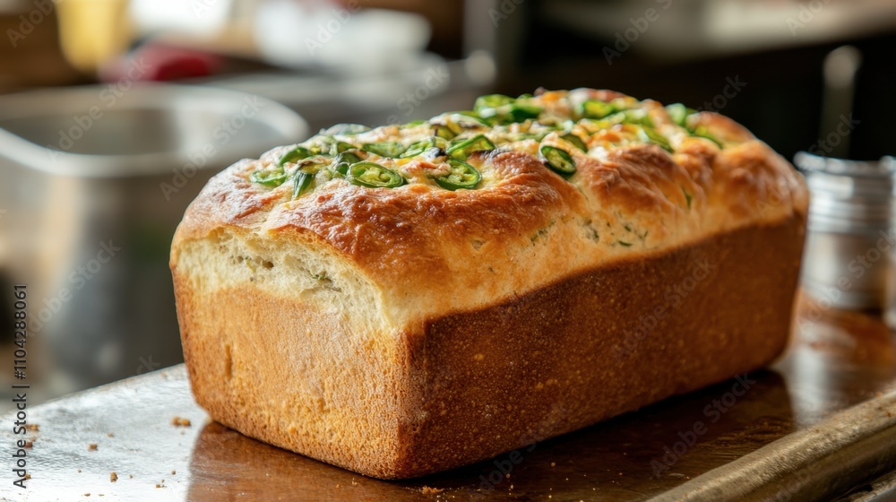 Freshly Baked Loaf of Bread Topped with Green Peppers on a Table Freshly Baked Loaf of Bread Topped with Green Peppers on a Table