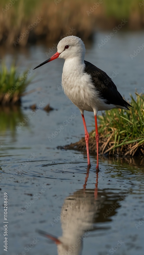 Obraz premium Black-winged stilt in a wetland.