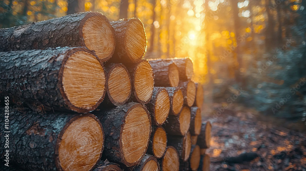 Sunlit log stack in forest with warm autumn colors Sunlit log stack in forest with warm autumn colors
