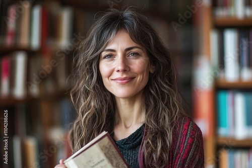 Portrait of a smiling woman holding a book in a cozy library