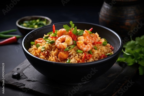 Close up black bowl with Asian fried jasmine rice with shrimps scrambled eggs spring onions and Thai sauce on dark concrete background copy space