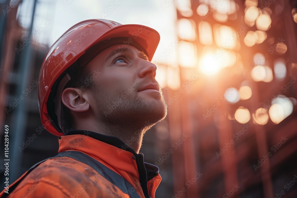 Construction worker wearing a safety helmet looking upward during sunset Construction worker wearing a safety helmet looking upward during sunset
