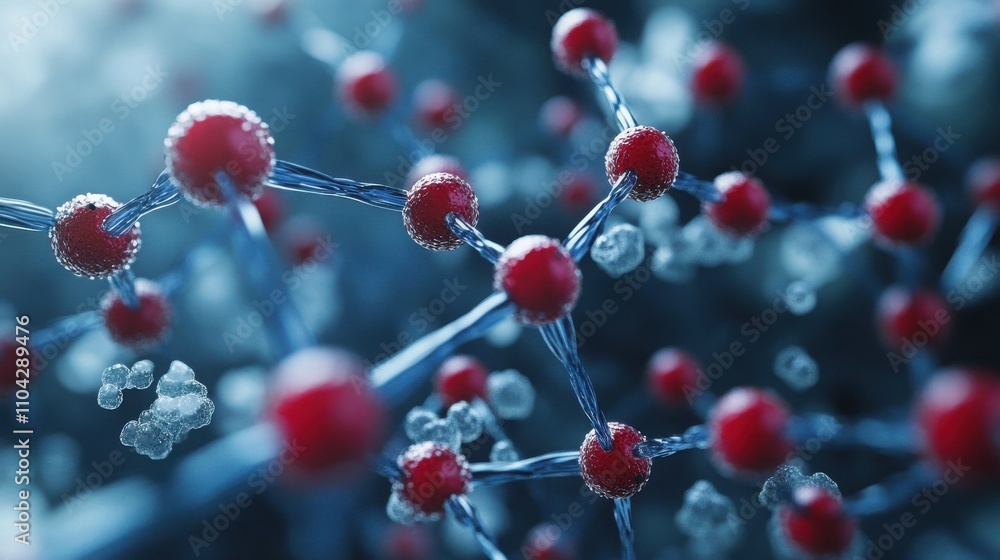 Intricate network of molecules, a mesmerizing microscopic view of interconnected spheres in vibrant red and cool blue tones. A detailed visualization of scientific complexity. Intricate network of molecules, a mesmerizing microscopic view of interconnected spheres in vibrant red and cool blue tones. A detailed visualization of scientific complexity.