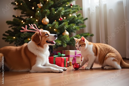 Festive Pets Playing Joyfully Around Christmas Tree with Colorful Decorations and Presents Celebrating the Holiday Spirit in a Warm and Cheerful Home Environment photo