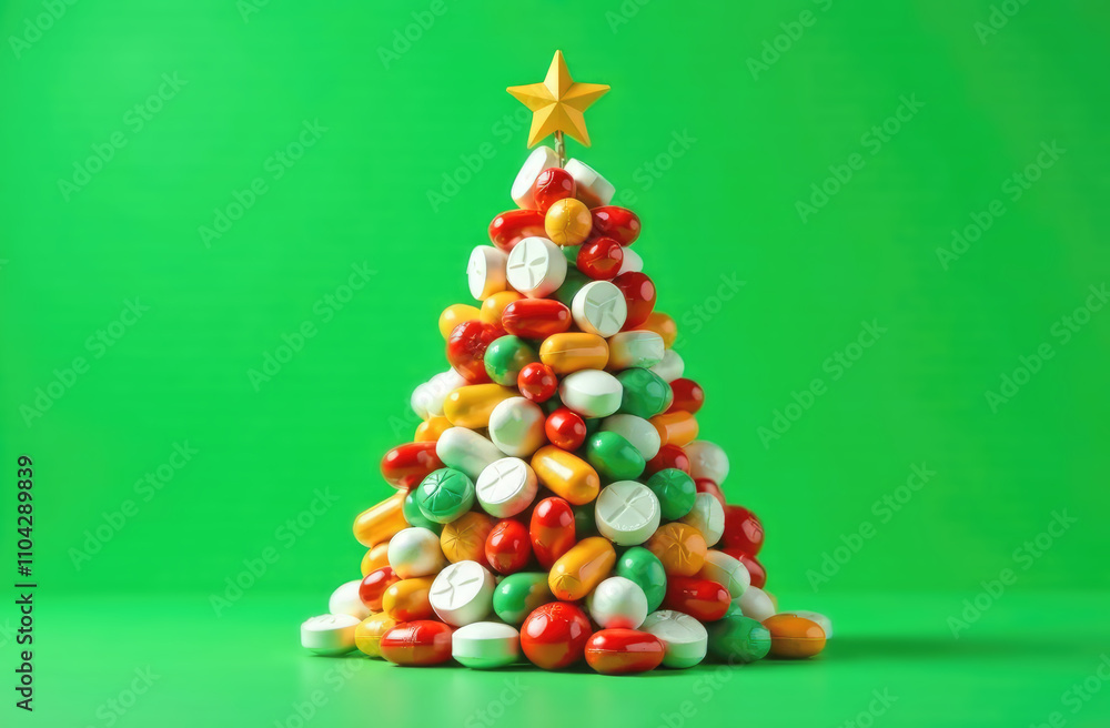 Christmas tree created from medicine colorful pills set on wooden table on green background with color bokeh. Christmas greeting card. Copy space. Christmas tree created from medicine colorful pills set on wooden table on green background with color bokeh. Christmas greeting card. Copy space.
